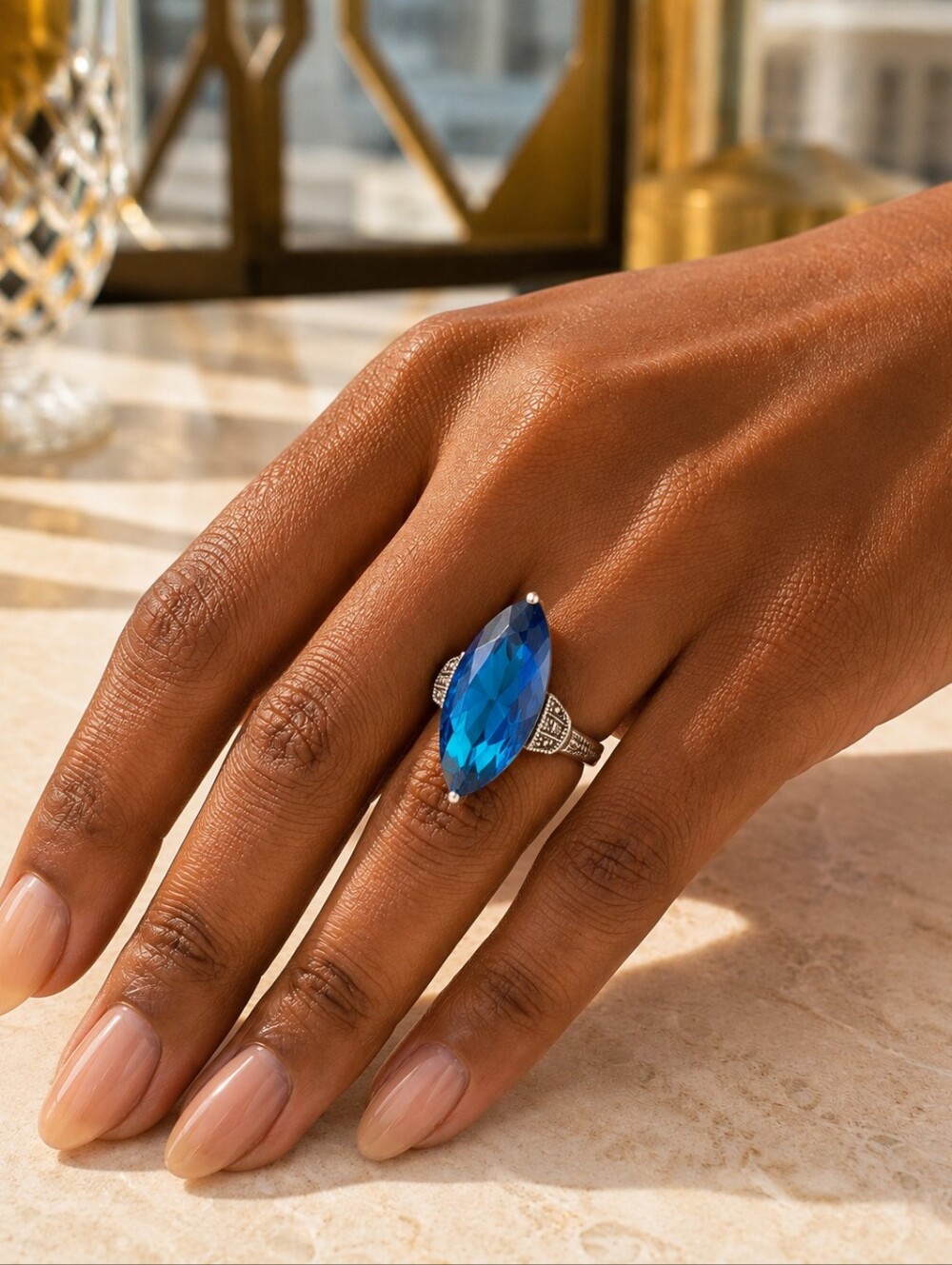 Vintage Sterling Silver Blue Crystal Marcasite Marquise Ring Size 8